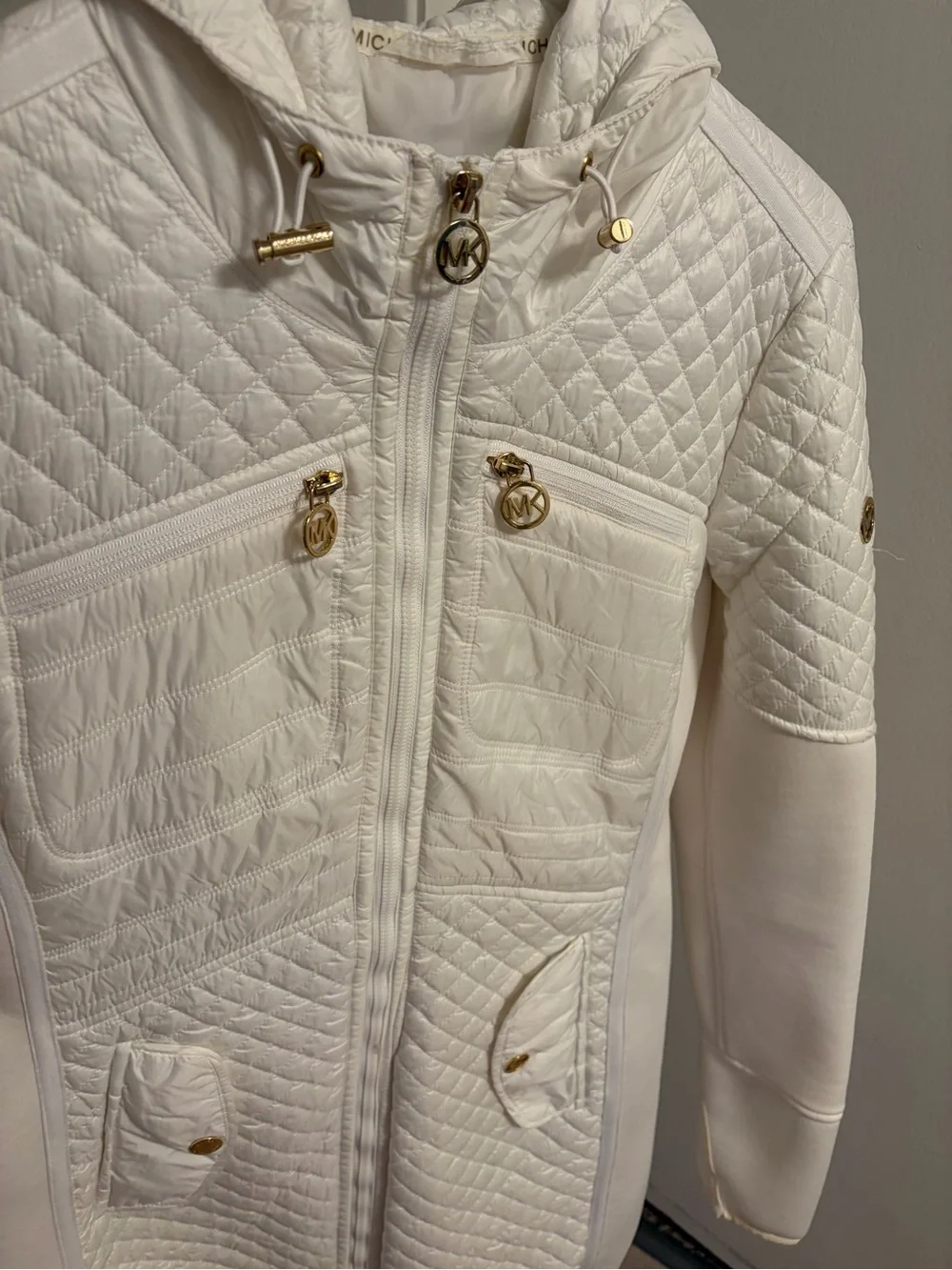 Michael Kors White Quilted Hooded Puffer Jacket with Gold Accents